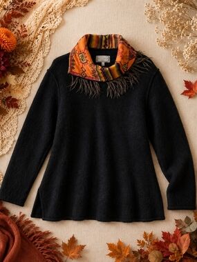 Vintage Azuleros France Wool Blend Boho Feather Collar Sweater L